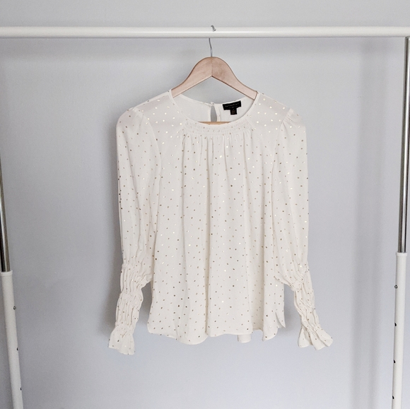 Current Air Tops - Current Air Smocked Gold Polka Dot Blouse